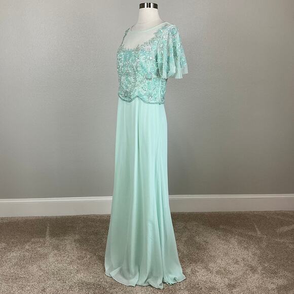 Adrianna Papell Beaded Chiffon Evening Gown Green Size 8 Short Sleeve A-Line - Picture 5 of 13